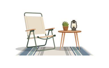 Fototapeta premium A serene outdoor setting with a chair, table, lantern, and plant on a striped rug.