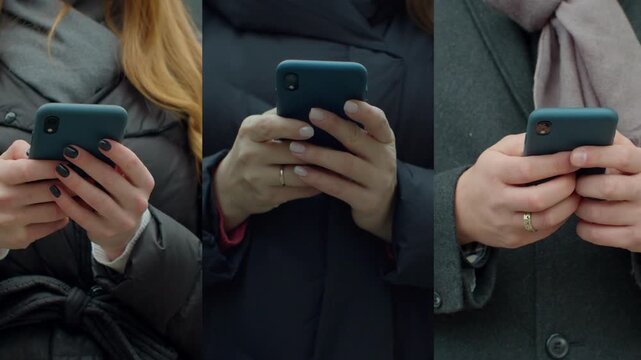 multiple person female on screen using smart phone scrolling tapping browsing using app chatting text message