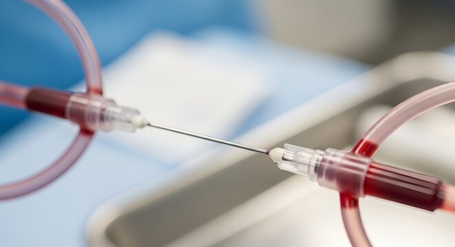 Medical tubing with blood, closeup, sterile environment, healthcare concept