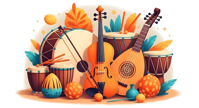 Happy music day vibrant instruments colorful background concept for music lovers