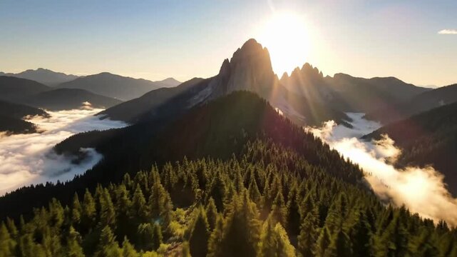 Scenic view over evergreen mountains with sunlight shining in the early morning