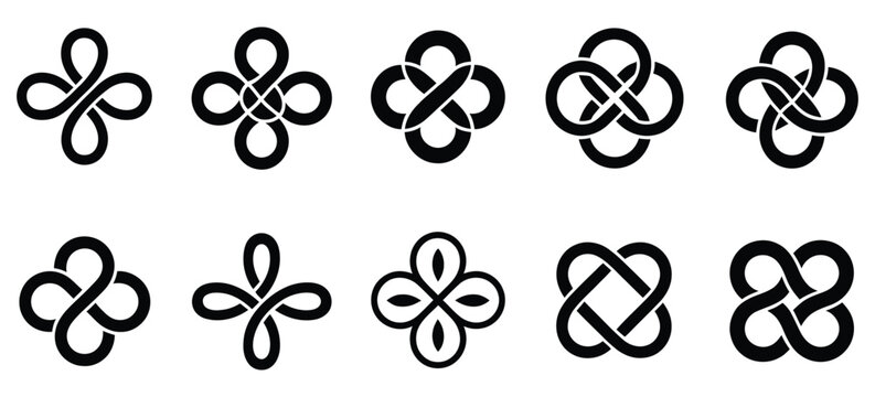Interlocking loop symbols and geometric infinity knot icons, elegant continuous line designs expressing unity and eternity, minimalist branding identity assets with refined structure, decorative 