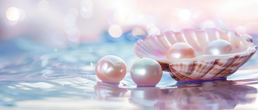 Elegant pearls nestled in an open seashell against a serene watery background