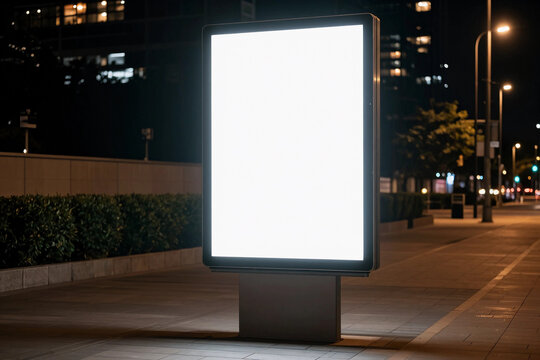 Blank billboard stands tall, glowing bright at night.