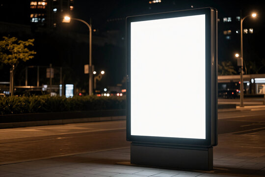 Blank billboard stands tall, glowing bright at night.