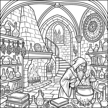 Wizard in his magic laboratory mixing potions coloring page