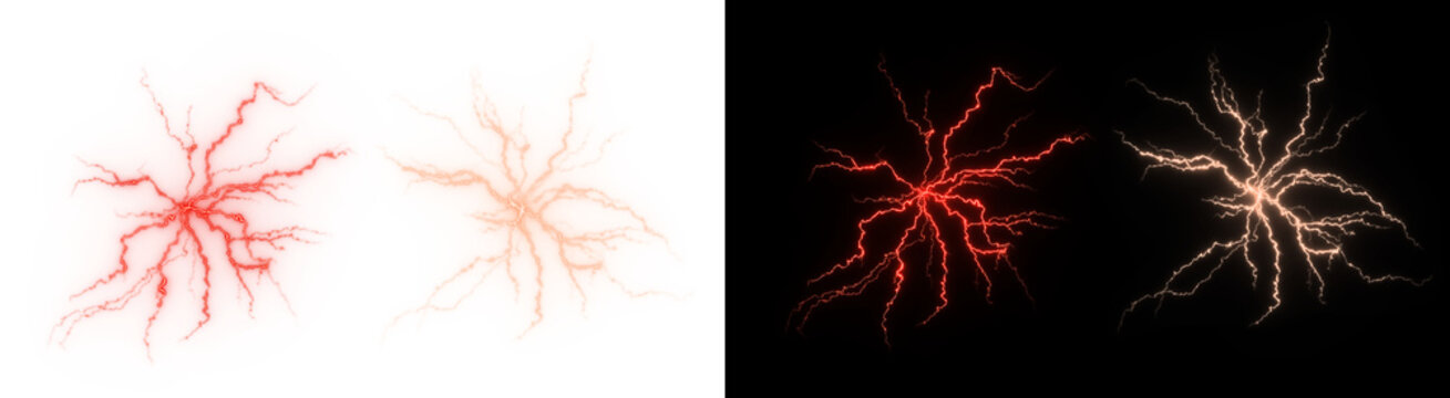 PNG image of&nbsp;Two vivid, dynamic electrical lightning storm strike effects in glowing red and bright orange, radiating power on transparent background.