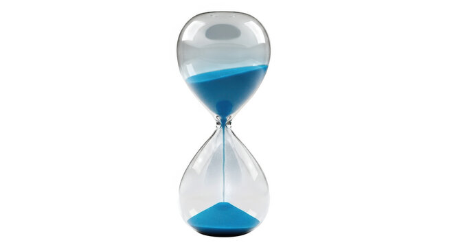 Blue sand hourglass on white