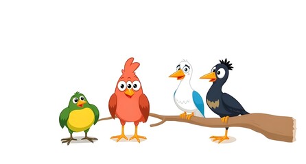Naklejka premium Cute Cartoon Birds on a Tree Branch: Bright Green, Red, White, and Black Birds with Big Eyes and Smiling Faces in a Fun, Colorful Nature Scene for Kids’ Stories and Children's Book Illustrations