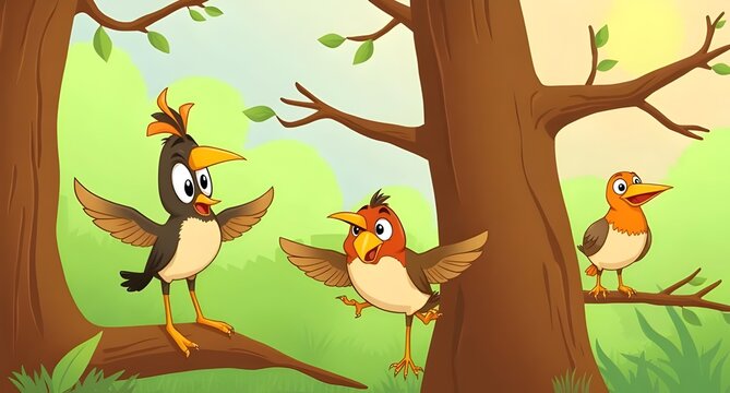 Colorful Cartoon Birds on Tree Branches: Cute, Cheerful, and Playful Birds with Big Eyes and Smiling Faces in a Bright Nature Scene for Kids&rsquo; Stories, Nursery Rhymes, and Children's Book Illustrations