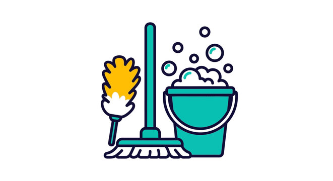 Broom and bucket cleaning tools.
