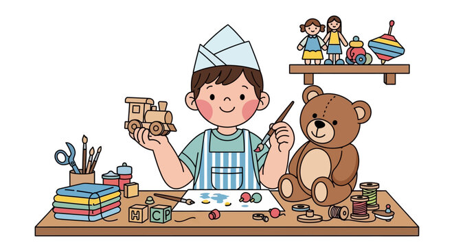 Boy painting a wooden toy bear.