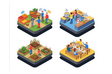 Obraz premium Vibrant Isometric Community Food Cycle Illustrations Market, Garden, Kitchen, and Shared Dining Experiences