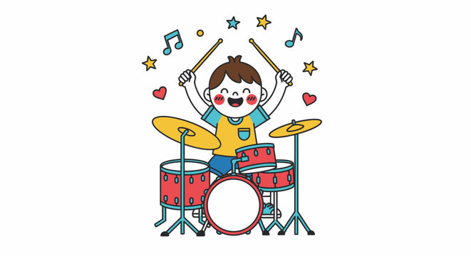 Happy child playing red drum set.