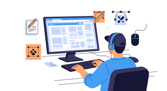 Man wearing headset sitting at computer.