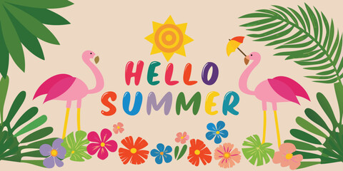 Tropical summer greeting with flamingos palm leaves sun and colorful hello summer text high quality © Mitali