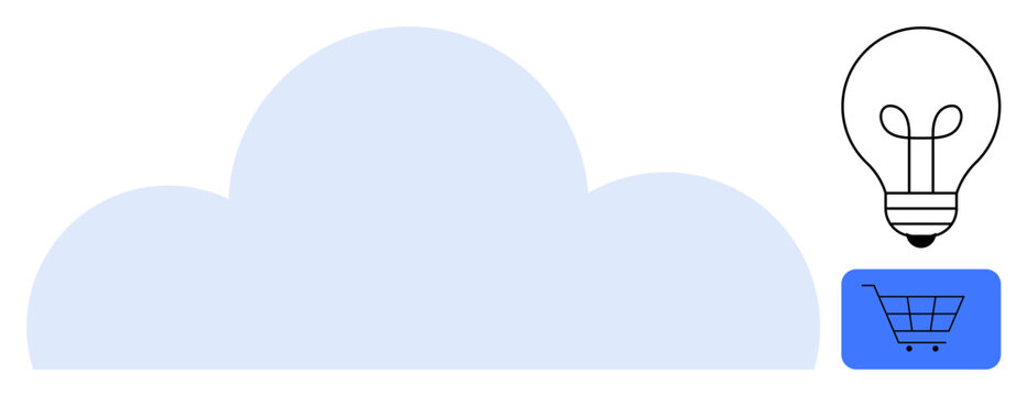 Cloud computing concept. Cloud icon with light bulb innovation and shopping cart for e-commerce. Cloud computing enabling innovation and modern business strategies. For tech, e-commerce, SaaS