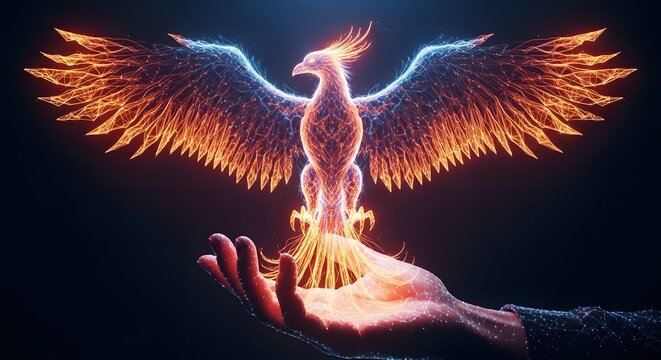 Majestic phoenix rising from human hand, glowing fire bird, mythical creature of rebirth and hope
