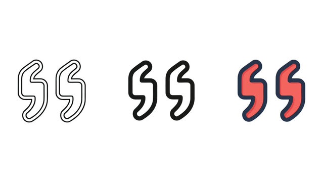 Set of Three Quotation Mark Icons: Outline, Filled, and Color Flat Design, Vector Illustration