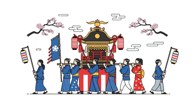 People in traditional Japanese clothing parade.