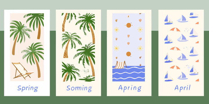 Four minimalist cards featuring palm trees beach scenes and seasonal themes in a watercolor style