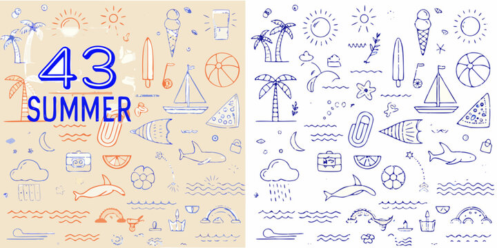 Summer themed hand drawn doodles and sketches with beach elements palm trees and nautical icons