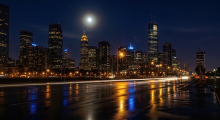 Fototapeta premium Nighttime Urban Skyline with Full Moon and River Reflections.