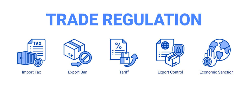 Trade Regulation web banner icon concept, with Import Tax, Export Ban, Tariff, Export Control.