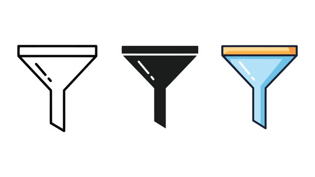 Three stylized funnel icons in outline, solid black, and colored versions for filtering data and processes, vector illustration
