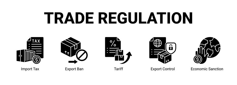 Trade Regulation web banner icon concept, with Import Tax, Export Ban, Tariff, Export Control.