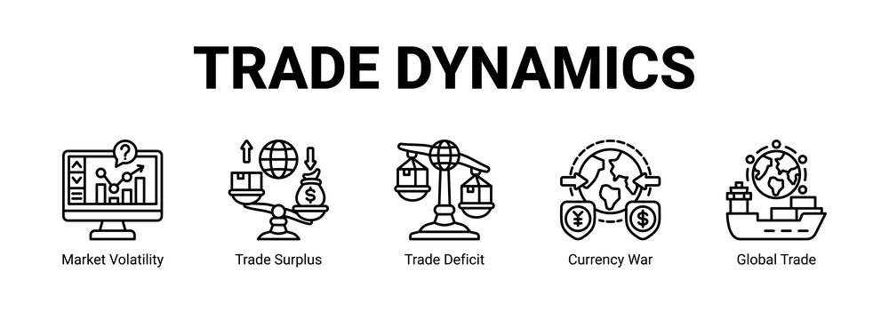 Trade Dynamics web banner icon concept, with Market Volatility, Trade Surplus, Trade Deficit, Currency War.