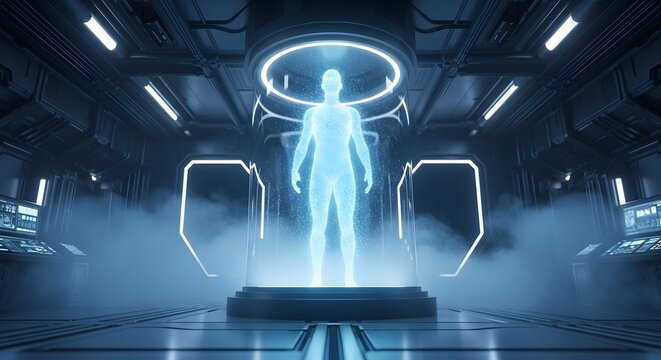 Futuristic hologram of human body, glowing blue digital avatar in high-tech laboratory chamber