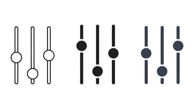 Set of audio mixer faders and sliders for sound control, graphic icons in outline and solid styles