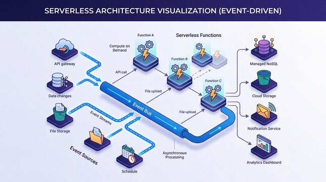 Illustration of serverless architecture visualization depicting various components and event-driven design with digital elements and icons