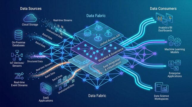 Digital data fabric visualization depicting data sources, data lakes, data processes, and business insights in vibrant colors
