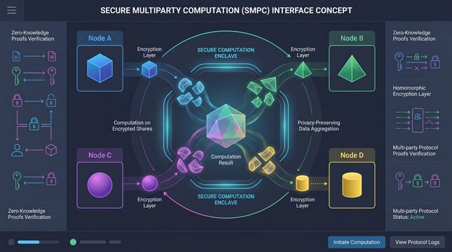 A digital interface showcasing secure multiparty computation concepts with colorful geometric shapes and diagrams