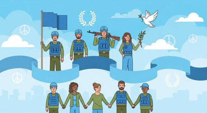 International Day of UN Peacekeepers International Day of Peace celebration with diverse people and peacekeepers holding hands under a blue sky with doves and flags, symbolizing unity and harmony