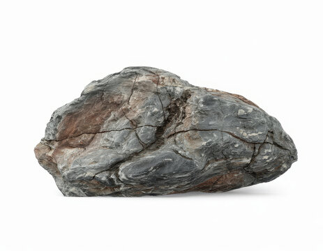 A single large grey and brown natural rock with cracks isolated on a plain white background