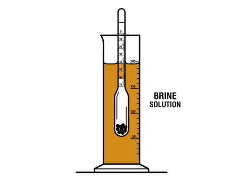 Illustration of a hydrometer measuring density in a tall cylinder filled with orange brine solution on a white background.