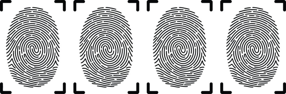 Biometric fingerprint icon set, minimalist vector fingerprint icons representing biometric security identification and authentication systems for modern UI design.