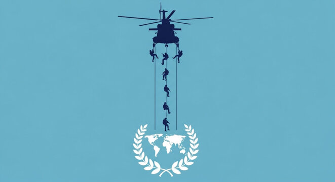 International Day of UN Peacekeepers Elite tactical unit rappelling from helicopter above global emblem symbolizing security and international cooperation