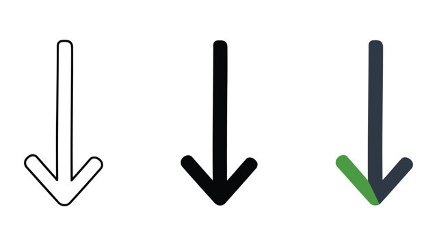 Set of three down arrow icons: outline, solid black, and dark blue with green element, flat design vector illustration
