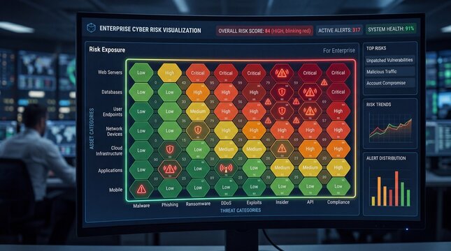 Cyber risk heatmap displayed on a monitor in a control room environment with strategic data visualization