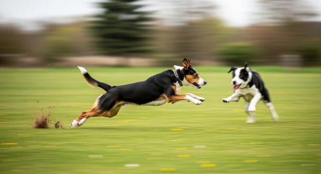 Energetic dogs running at high speed in park, active pets playing on green grass field, dynamic motion blur of jumping dogs outdoors
