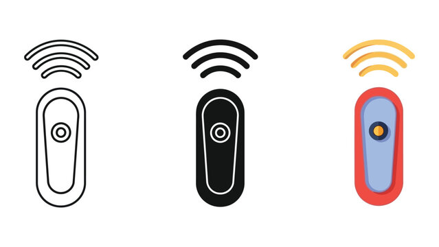 Set of three remote control icons: outline, solid black, and color flat design vector illustration