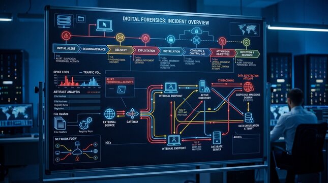 High-tech cyber forensics board displaying complex data visualization in a darkened control room environment