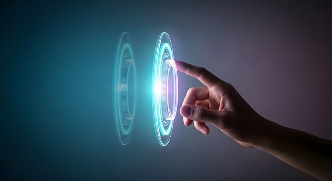 Futuristic digital interface with glowing blue circles, human hand touching virtual holographic screen, innovative technology concept for business
