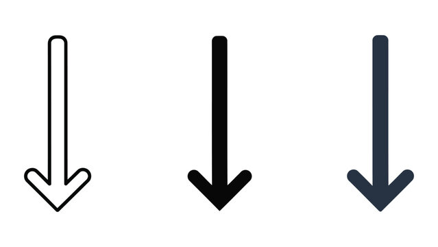 Set of three down arrow icons: outline, solid black, and dark blue flat design vector illustration