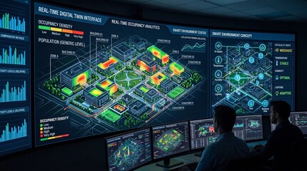 Fototapeta premium Advanced data visualization dashboard displaying heat maps and analytics for urban planning in a modern control room