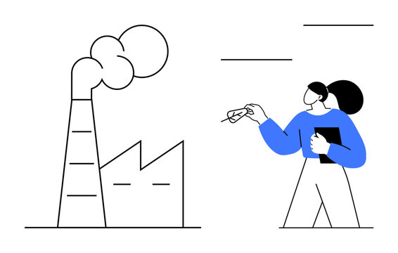 Environmental awareness, industrial pollution, sustainability efforts, carbon emissions, ecological monitoring, air quality. Factory emitting smoke with a woman holding a clipboard. Environmental